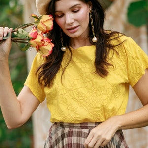 80s Bright Yellow Eyelet Cotton Blouse Vintage Short Sleeve Embroidered Crop Top image 6