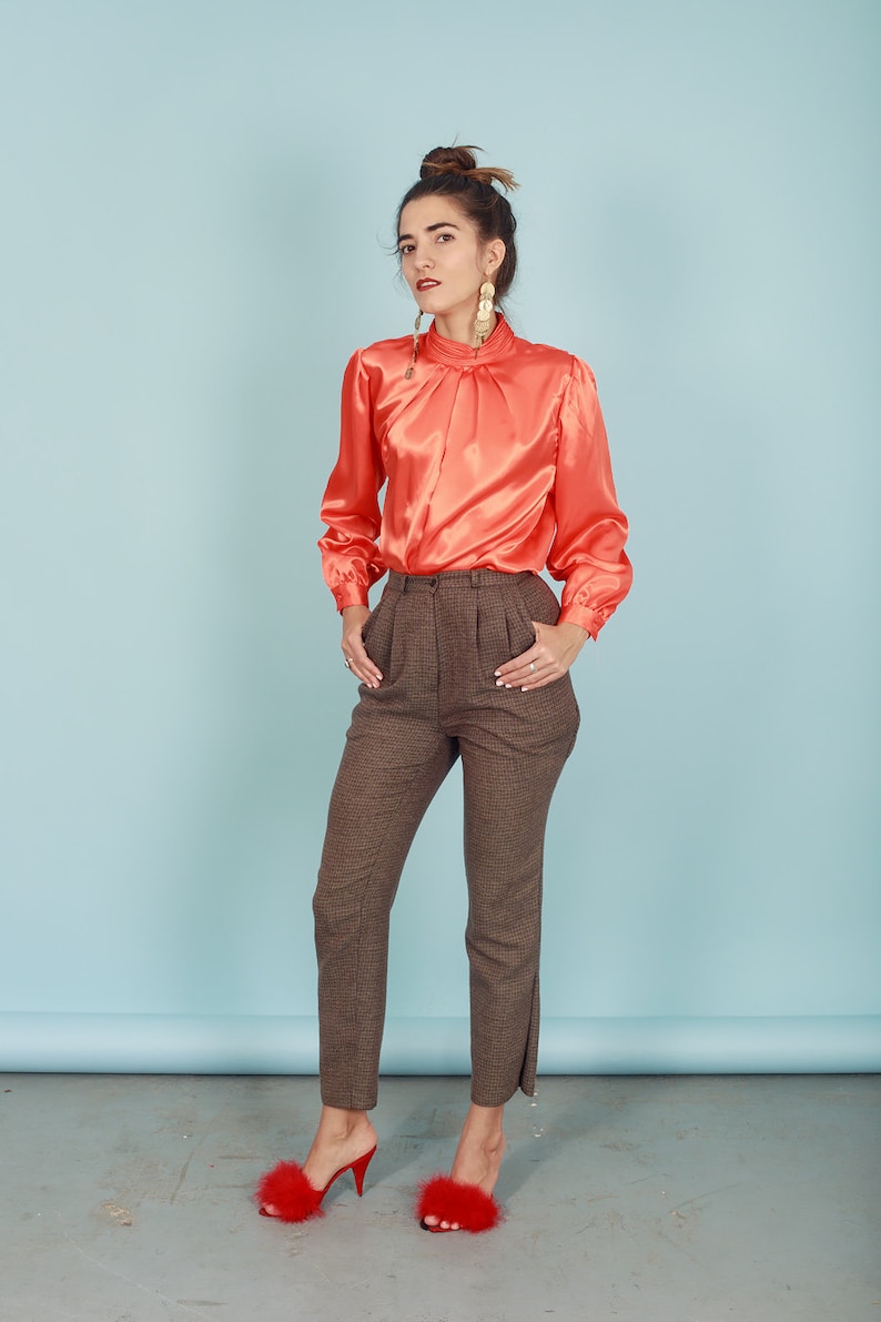 80s Dark Brown Plaid Soft Trousers Vintage Belted High Waisted Pants