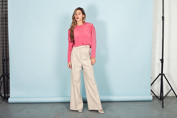 70s Tan Wide Legged Pants Vintage Beige Belted Tro