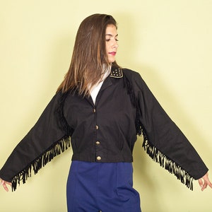 80s Black Studded Crop Jacket Vintage Gold Embellished Fringe Jacket image 7