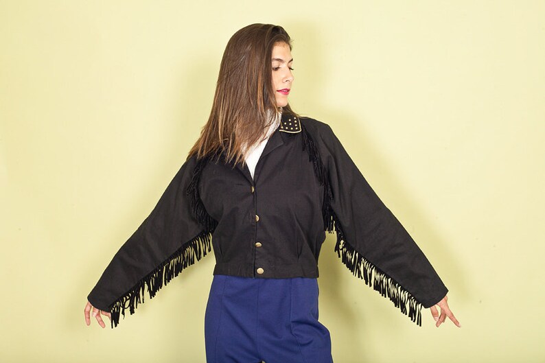 80s Black Studded Crop Jacket Vintage Gold Embellished Fringe Jacket image 7