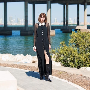 80s Black Sheer Sleeve White Collar Tuxedo Dress Vintage Oleg Cassini Fitted Black Tie Long Dress