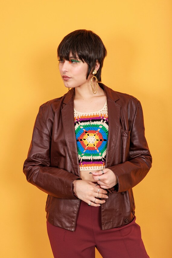 80s Russet Brown Long Sleeve Leather Jacket Vinta… - image 2