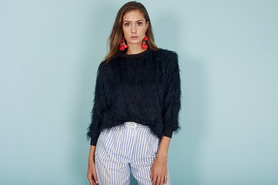 80s Fuzzy Black Shimmery Sweater Vintage Oversize