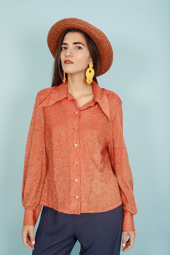 70s Orange Glitter Blouse Vintage Long Sleeve Shi… - image 9