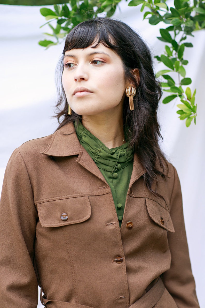 60s Dark Brown Belted Jacket Vintage Mid Sleeve Pocket Jacket image 3