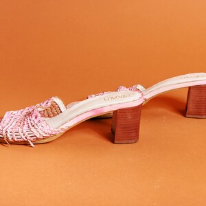 90s Light Pink Woven Leather Sandals Vintage Strappy Chunky Heel Shoes image 3