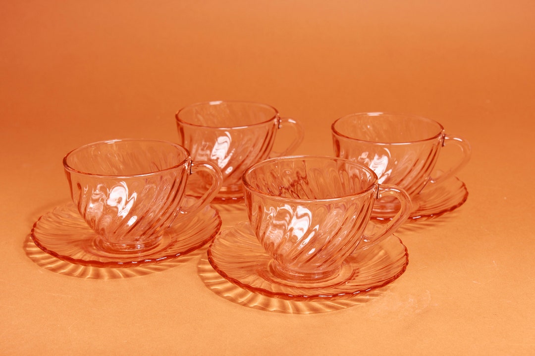 Set of 70s Pink Short Clear Glass Teacups Vintage Arcoroc France