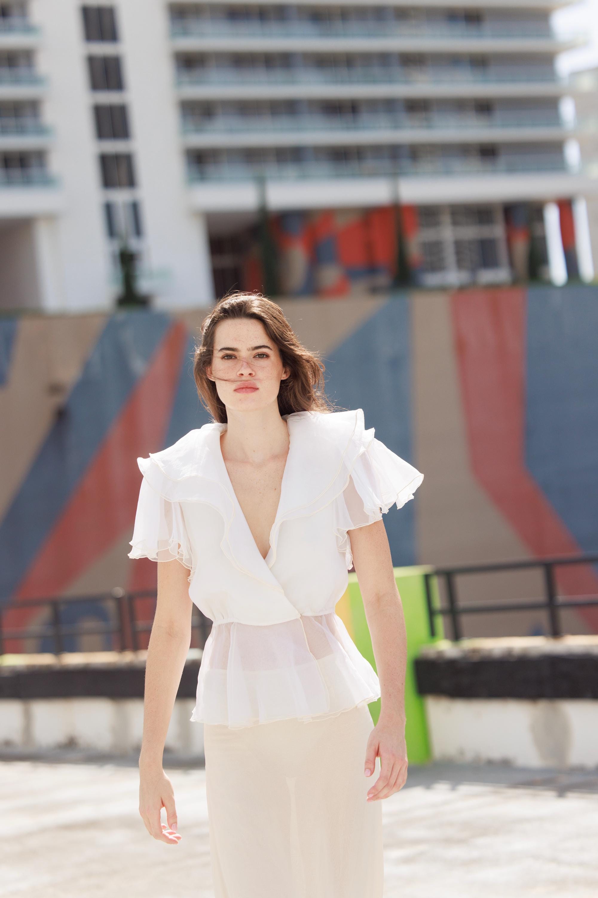 60s White Organza Sheer Ruffle Statement Collar Bridal Blouse 