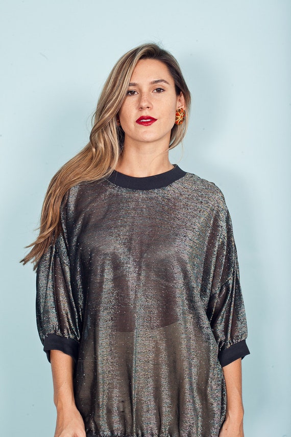 80s Shimmery Slouchy Blouse Vintage Black Glitter… - image 5