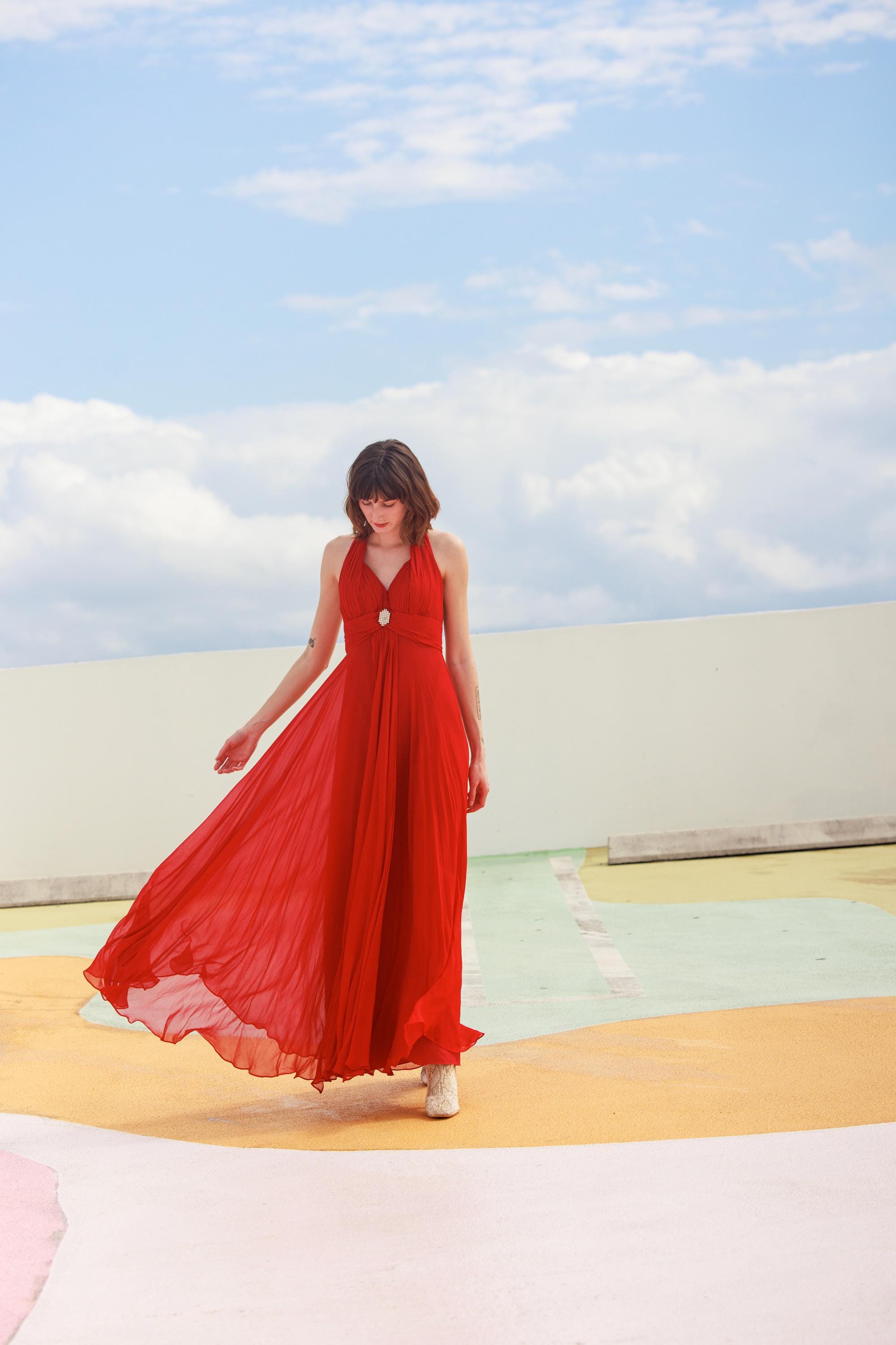 silk chiffon maxi dress NicoBlu Caroline Flutter Sleeve Crinkle Chiffon Maxi Dress in Mediterranean Swirl Petite-12