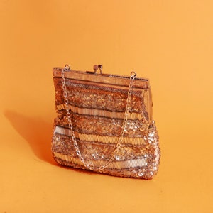 60s Silver Sequin Chain Strappy Purse Vintage Beaded Embellished Art Deco Coin Purse Clutch image 3