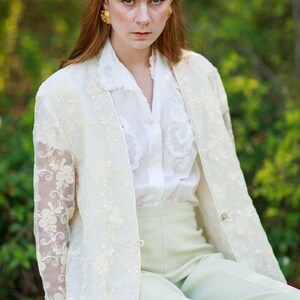 80s Off White Lace Embroidered Jacket Vintage Victorian Sheer Long Sleeve Blazer image 2