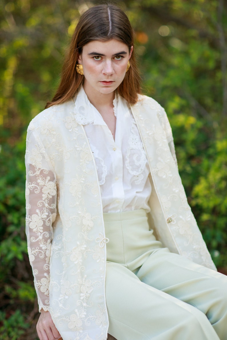 80s Off White Lace Embroidered Jacket Vintage Victorian Sheer Long Sleeve Blazer image 2