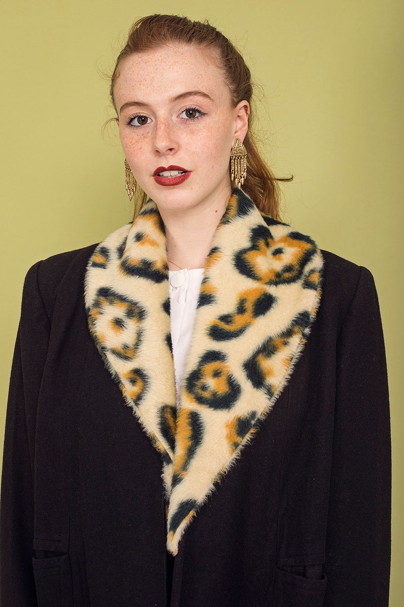 60s Black Leopard Collar Faux Fur Coat Vintage Elegant Knit Winter Jacket image 6