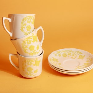 Set of 3 80s Vintage White Yellow Floral Pattern Ceramic Teacups with Plates image 3