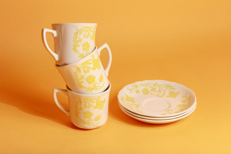 Set of 3 80s Vintage White Yellow Floral Pattern Ceramic Teacups with Plates image 3