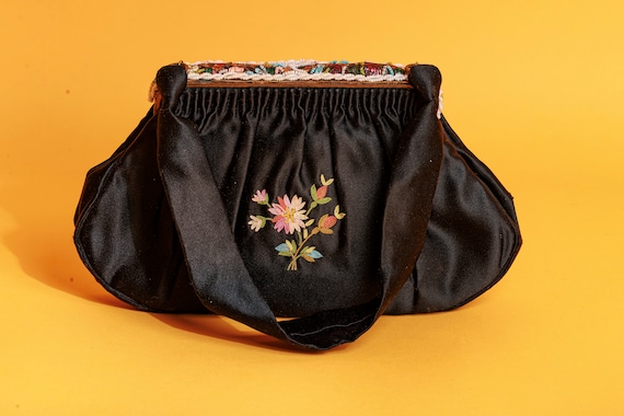 40s Black French Silk Embroidered Colorful Purse … - image 5