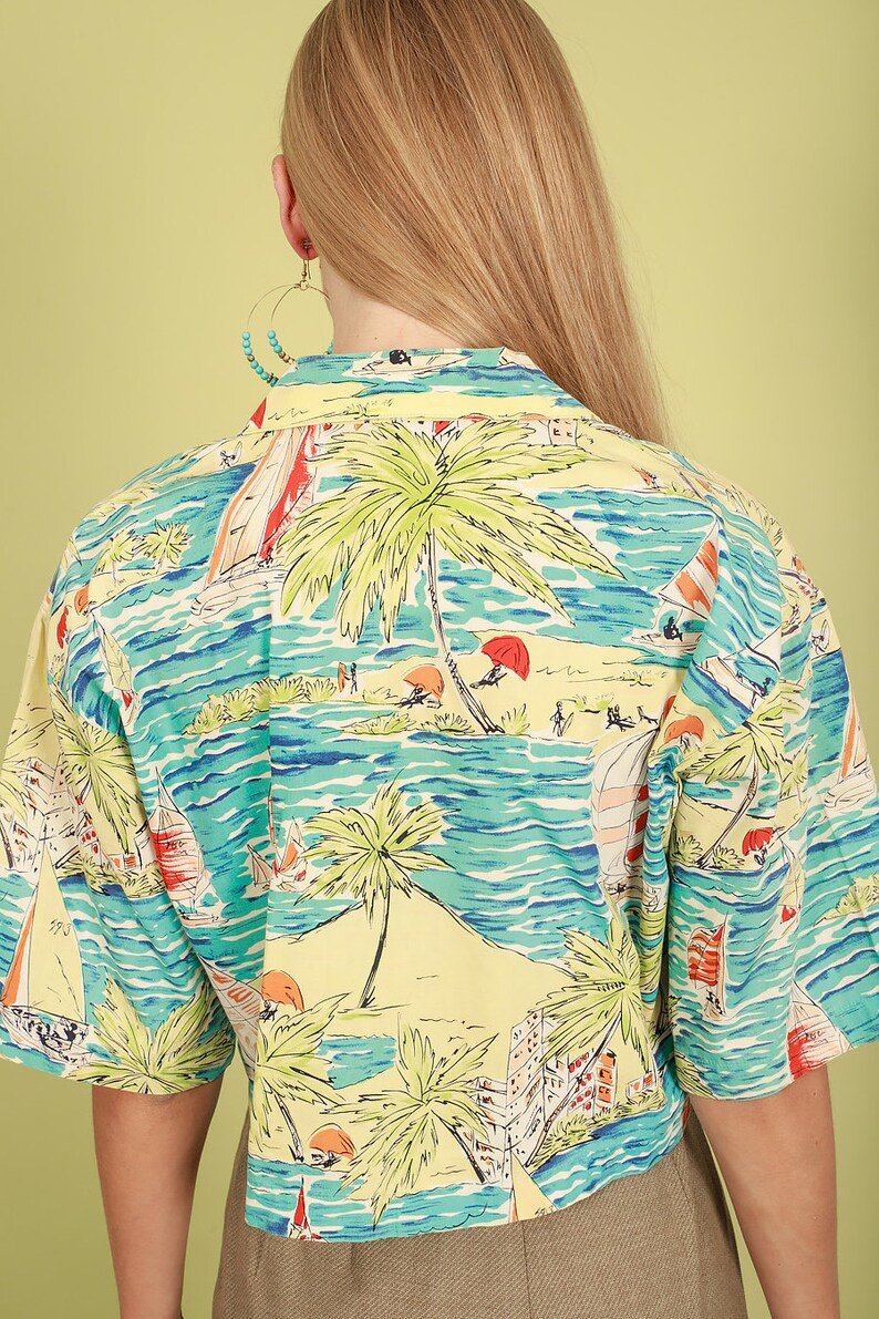 80s Hawaiian Palm Tree Blouse Vintage Summer Sail Crop Top image 9