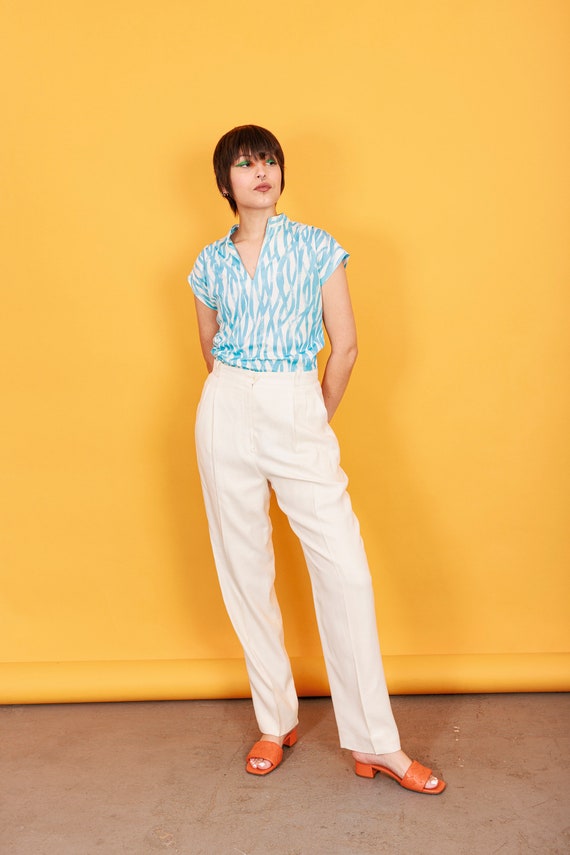 【Italy製】80〜90s linen slacks 80s White Linen Crisp Trousers Vintage Straight Leg Classic