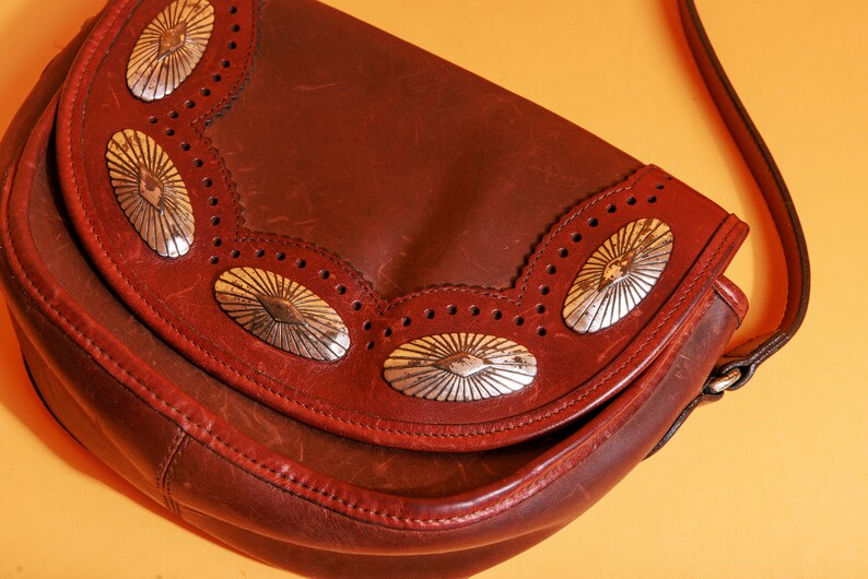 90s Brown Leather Embossed Crossbody Bag Vintage Brighton Western Silver Purse image 4