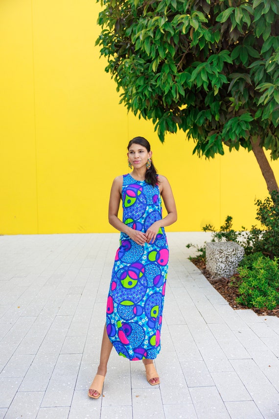 60s Bright Blue Rayon Groovy Print Long Dress Vin… - image 4