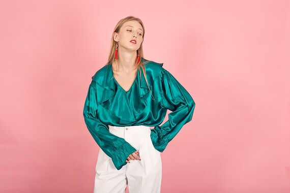 80s Green Jewel Shiny Statement Top Vintage Ruffle