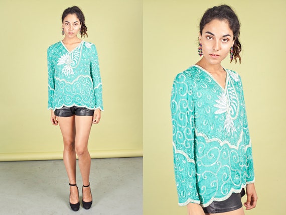 80s Mint Green Sequin Blouse Vintage Pearl White … - image 3