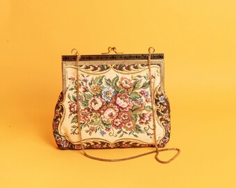 50s Floral Tapestry Adorned Purse Vintage Flower Embroidered Gold Trim Purse