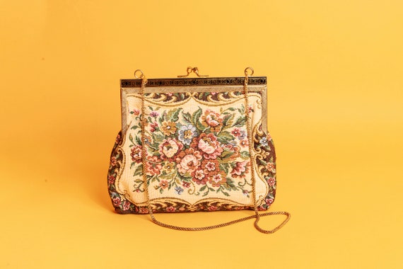 50s Floral Tapestry Adorned Purse Vintage Flower … - image 1