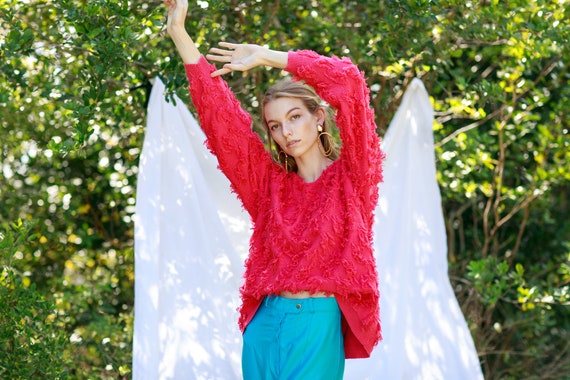 80s Hot Pink Fuzzy Long Sleeve Sweater Vintage Ov… - image 7