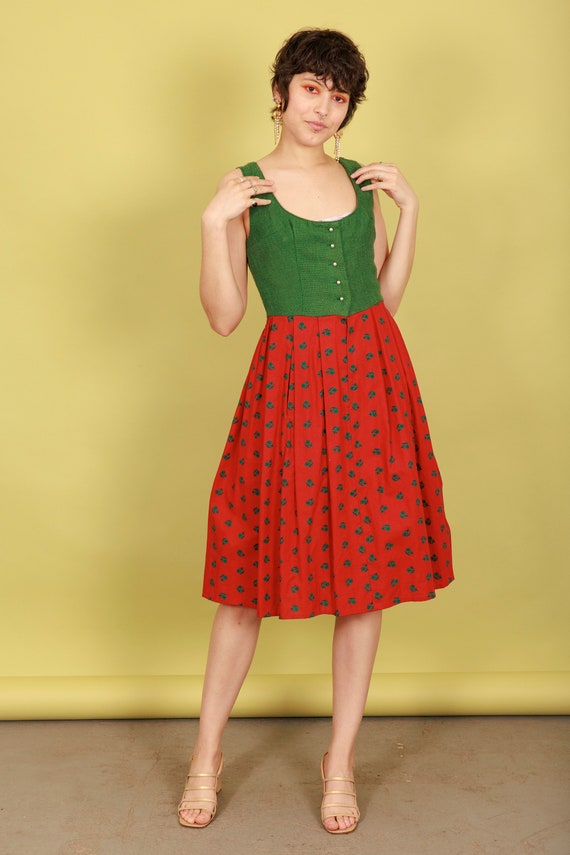 40s Red Green Brocade Folk Tratchen Dress Vintage… - image 2