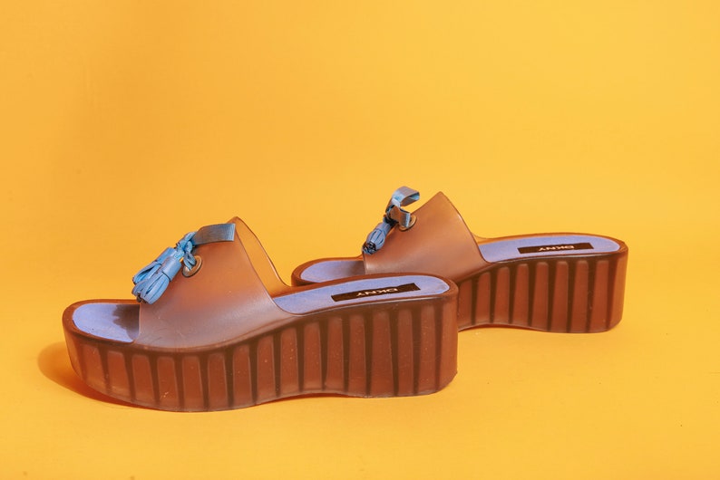 2000s Blue Jelly Slip on Platform Sandals Vintage Y2K DKNY Donna Karan Shoes image 1