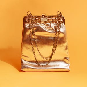50s Gold Metallic Hardware Chain Purse Vintage Evening Ornate Clutch