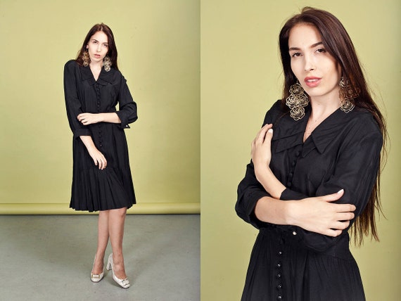 80s Black Gothic Dress Vintage Double Pointy Colla
