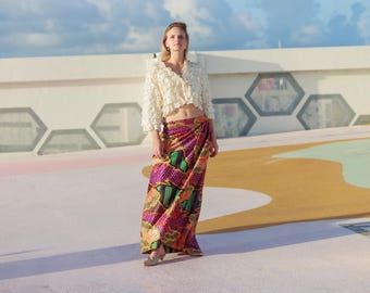 60s Psychedelic Maxi Skirt: Vintage Novelty Print, Colorful Flared Skirt