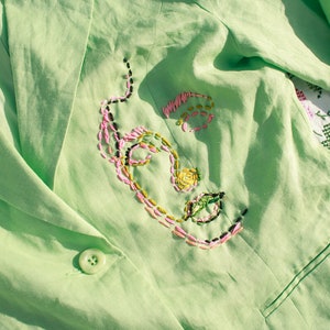 80s Seafoam Green Hand Embroidered Face Blazer Vintage Reworked Jacket image 4