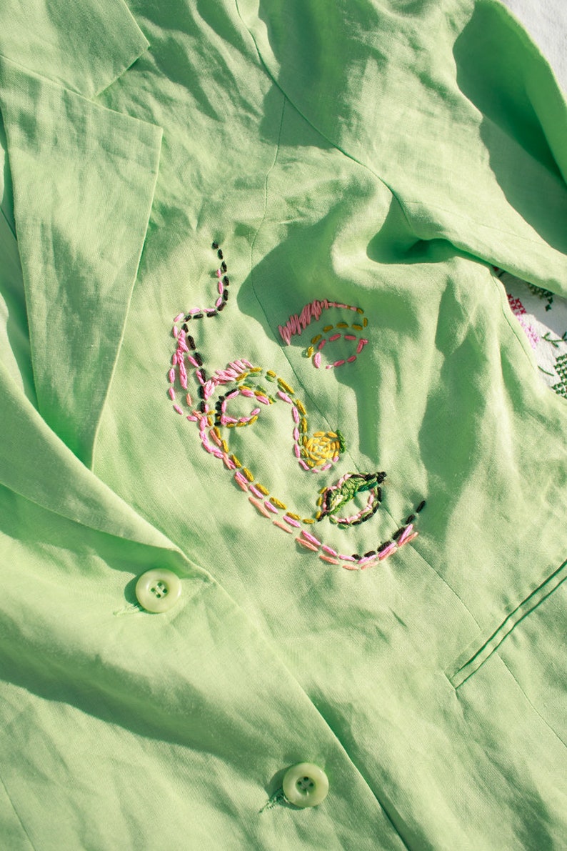 80s Seafoam Green Hand Embroidered Face Blazer Vintage Reworked Jacket image 4