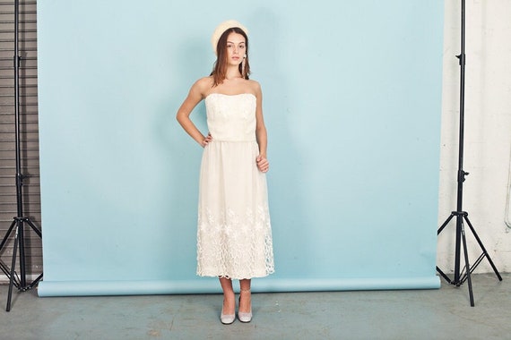 60s Cream Cutout Wedding Dress Vintage Strapless … - image 1