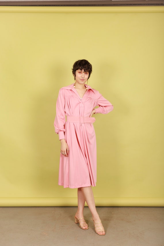 70s Rose Pink Aline Flared Dress Vintage Belted L… - image 2
