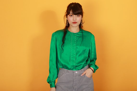 80s Green Shiny Beaded Blouse Vintage Pleat Jewel Tone