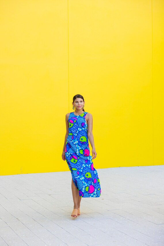 60s Bright Blue Rayon Groovy Print Long Dress Vin… - image 8