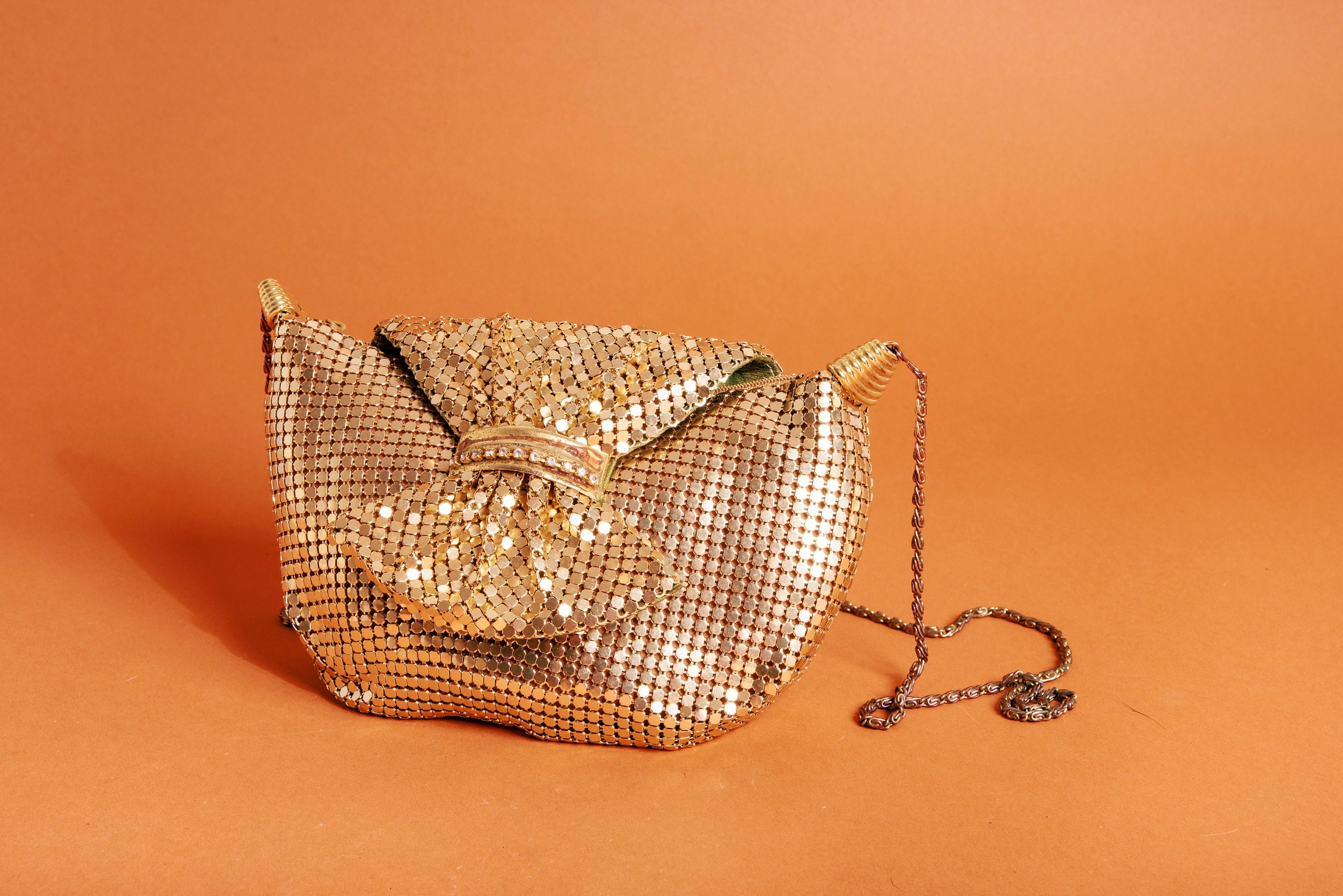 80s Gold Statement Bow Closure Mesh Clutch Vintage Evening Chainmail Formal Clutch Strap Purse