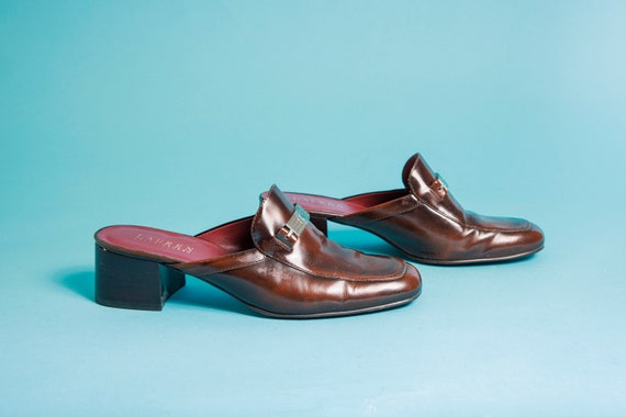 90s Brown Leather Buckle Loafers Mules Vintage Wood Square Heel