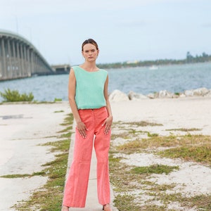 70s Peach Pink Suede High Waisted Pants Vintage Flared Wide Leg Stitched Trousers image 2