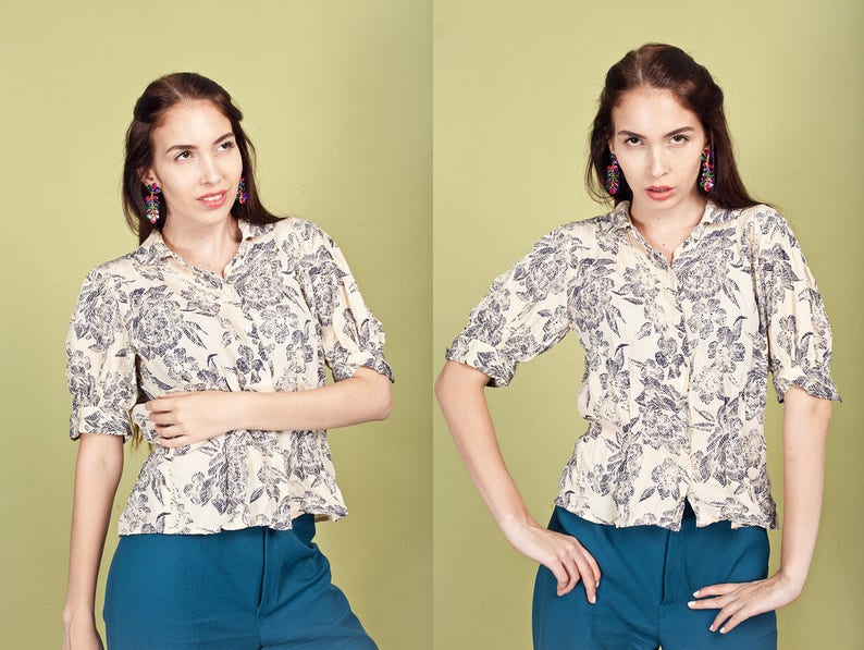 80s Beige Floral Romantic Blouse Vintage Crepe Edwardian Style Top