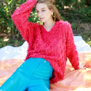 80s Hot Pink Fuzzy Long Sleeve Sweater Vintage Oversize Cotton Top image 3