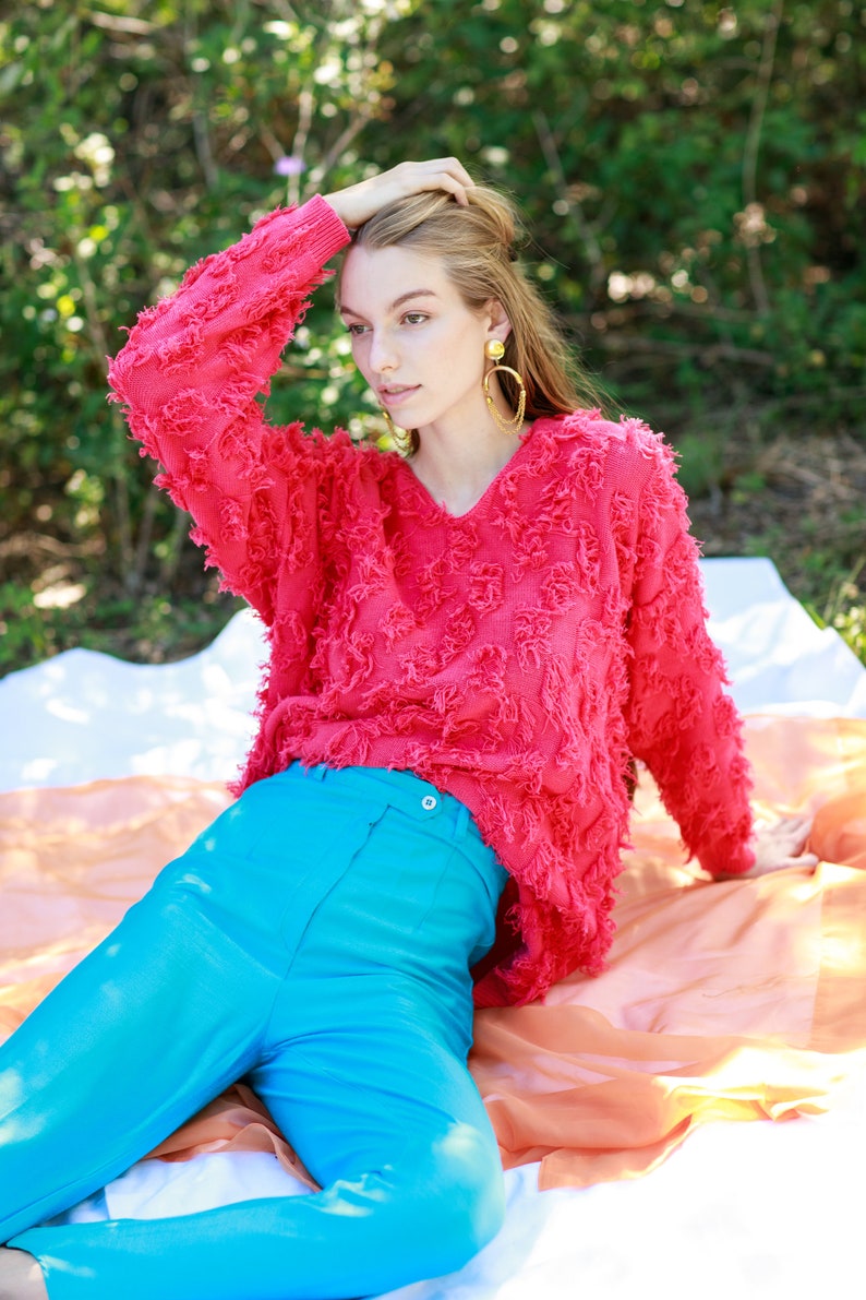 80s Hot Pink Fuzzy Long Sleeve Sweater Vintage Oversize Cotton Top image 3