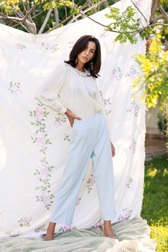 70s Light Blue Soft Knit Trousers Vintage Straight