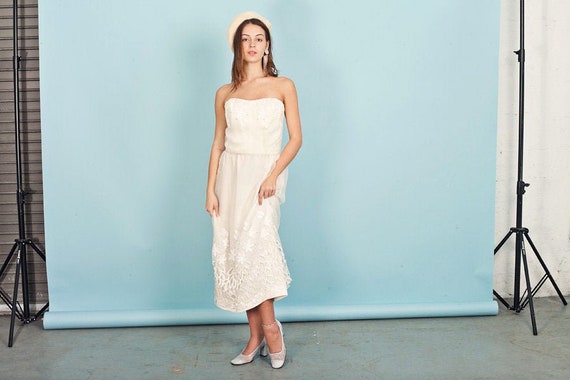 60s Cream Cutout Wedding Dress Vintage Strapless … - image 3